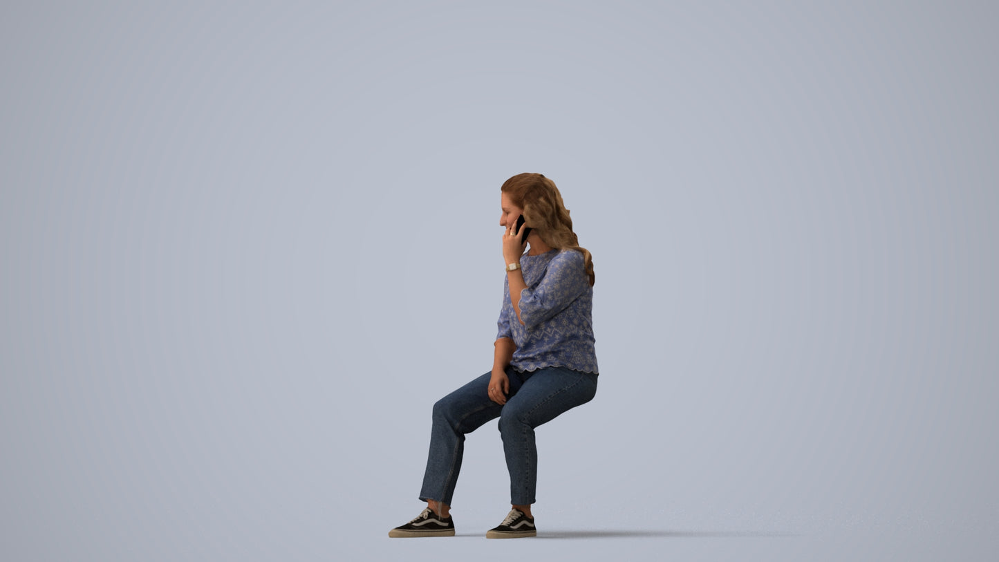 3D people model woman casual sitting, scanned human for 3ds Max rendering, three-quarter view render