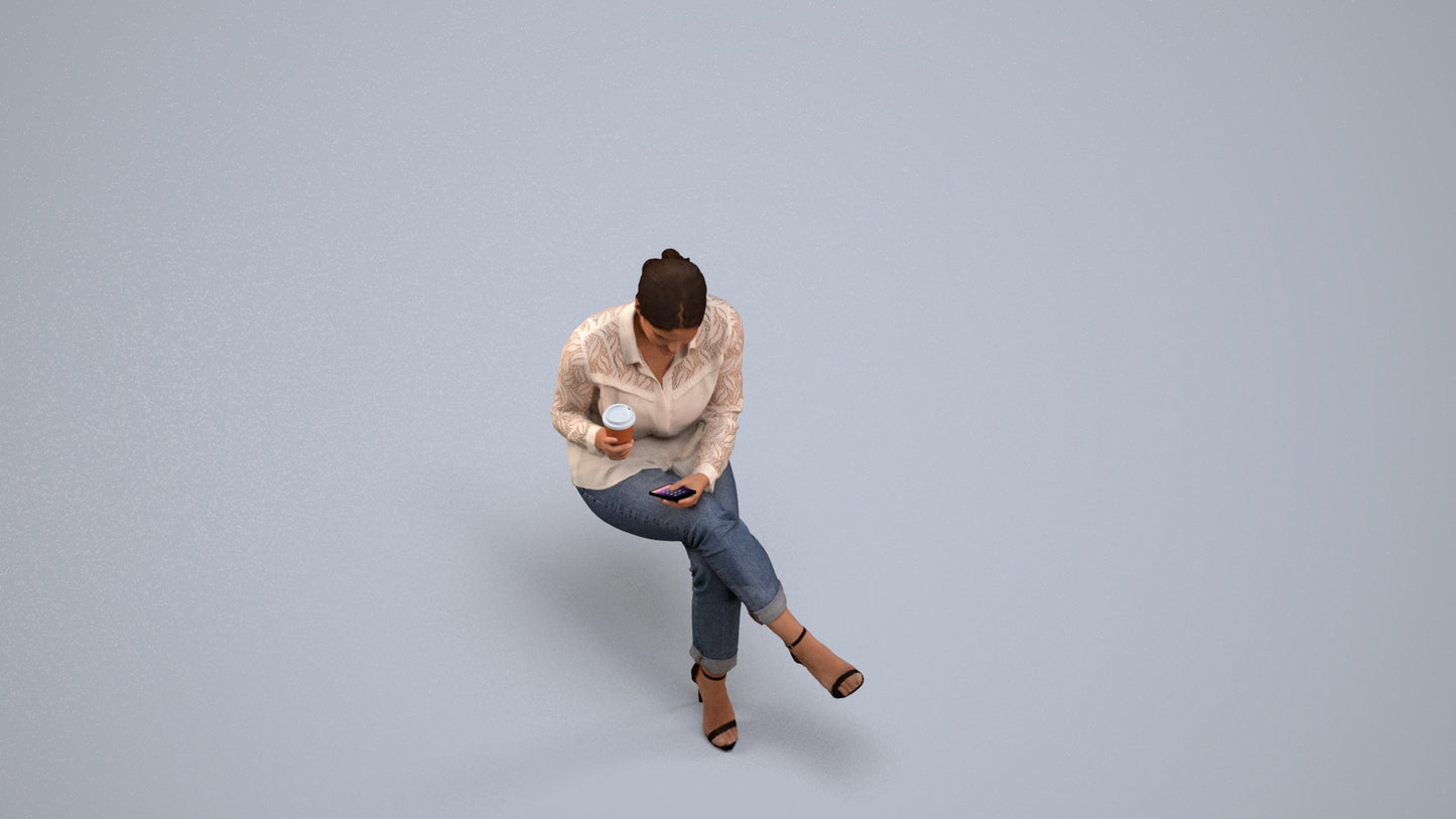 realistic 3D woman casual sitting, scanned archviz people for Blender and 3ds Max, back view render