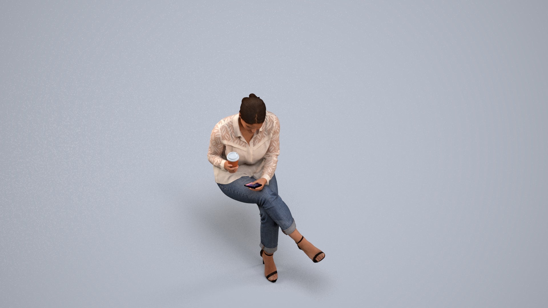 realistic 3D woman casual sitting, scanned archviz people for Blender and 3ds Max, back view render
