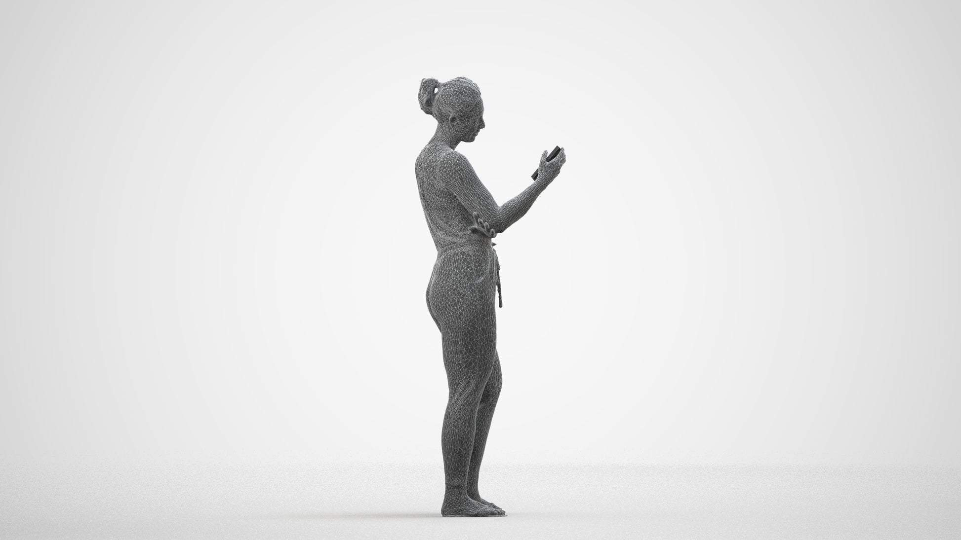 3D human model woman casual standing, photogrammetry scanned person for archviz, wireframe side view