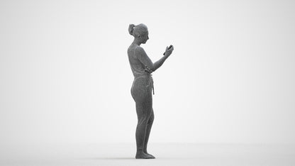 3D human model woman casual standing, photogrammetry scanned person for archviz, wireframe side view