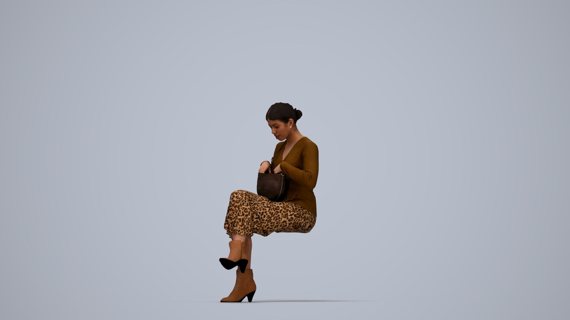 3D scanned woman sitting casual, photorealistic archviz people for Enscape and SketchUp, top-down view render