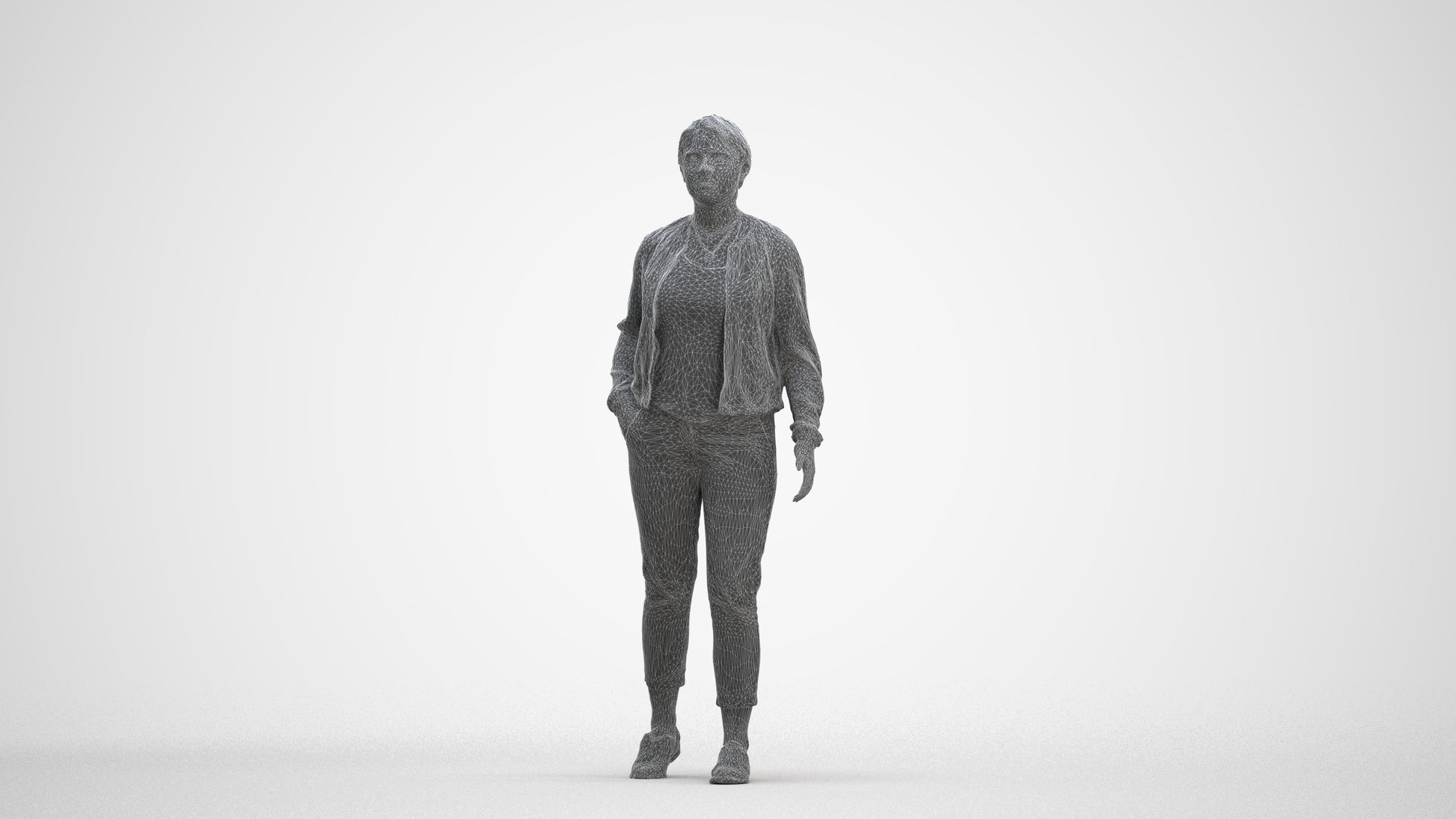 3D human model woman casual walking, photogrammetry scanned person for archviz, three-quarter front view render