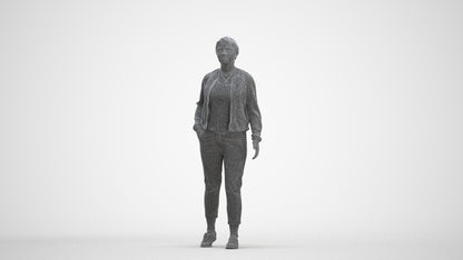 3D human model woman casual walking, photogrammetry scanned person for archviz, three-quarter front view render
