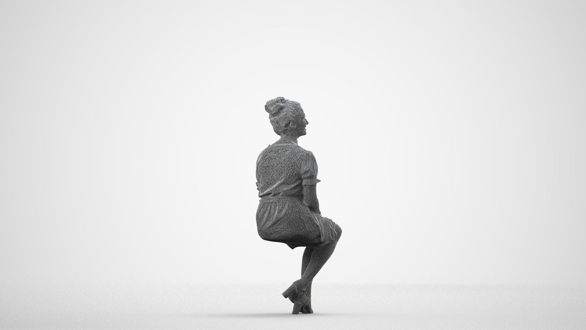 scanned 3D woman casual sitting, photogrammetry people for Enscape and V-Ray, wireframe side view
