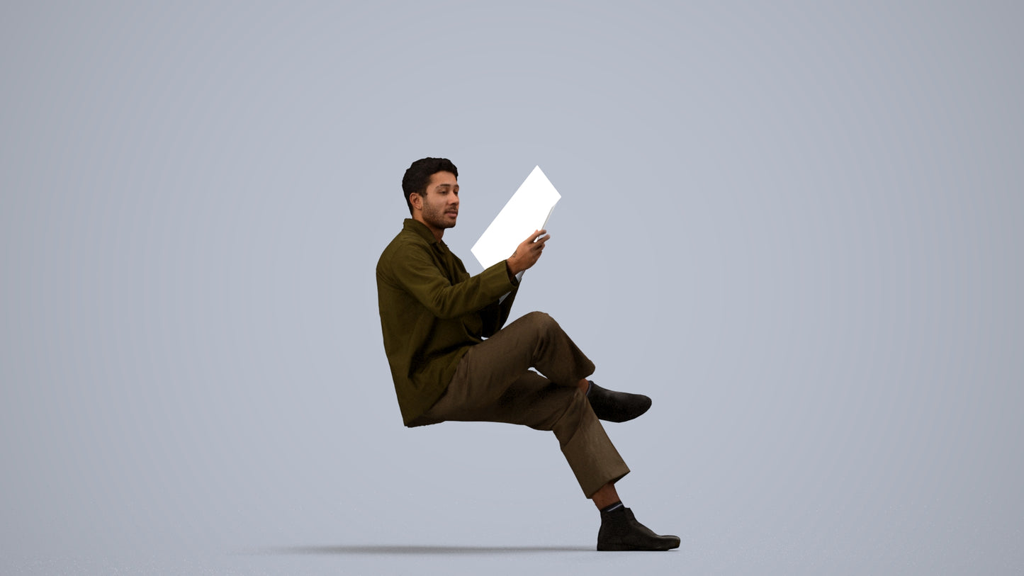 photogrammetry 3D man casual sitting, realistic human model archviz FBX, side view render
