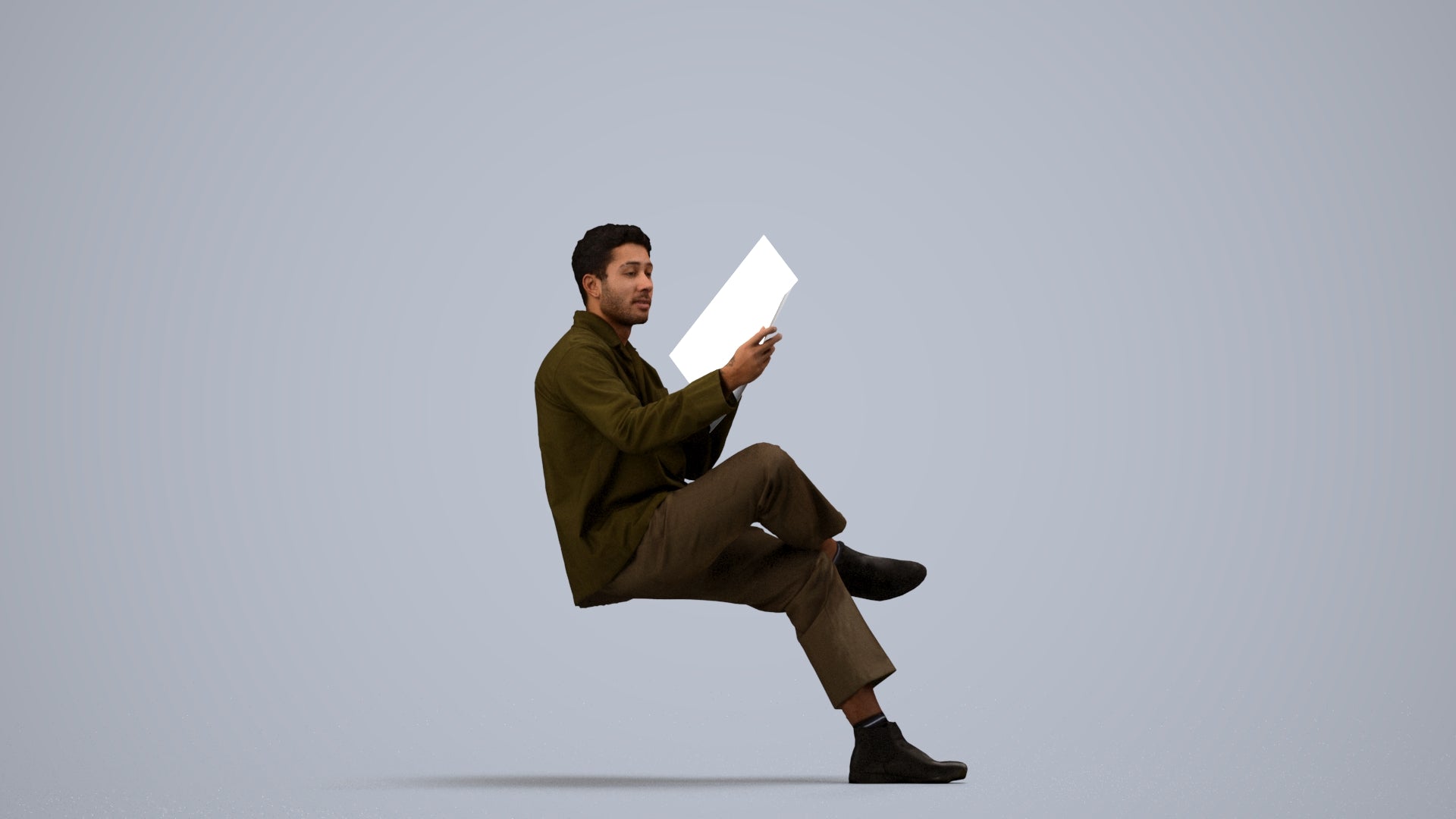 photogrammetry 3D man casual sitting, realistic human model archviz FBX, side view render