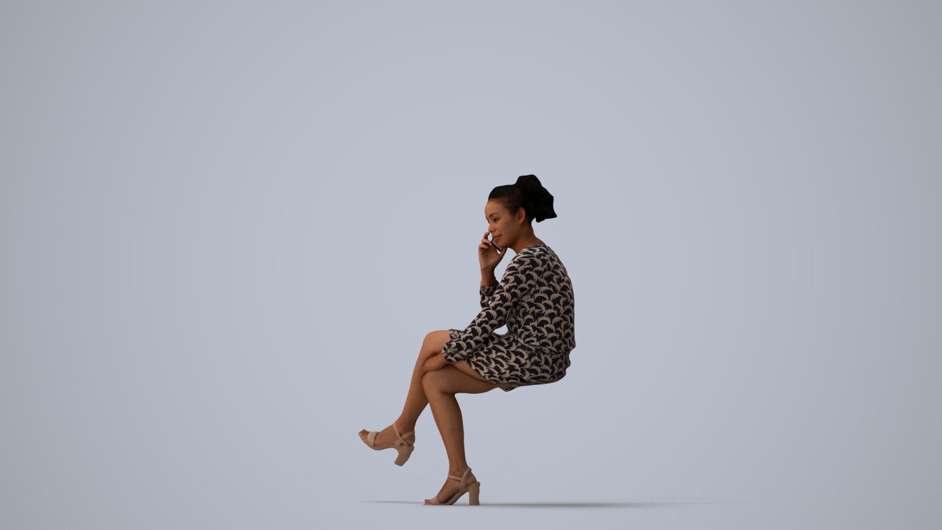 3D people model woman casual sitting, scanned human for 3ds Max rendering, three-quarter view render