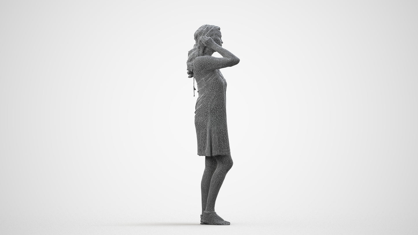 3D human model woman standing, photogrammetry scanned person for archviz, wireframe side view