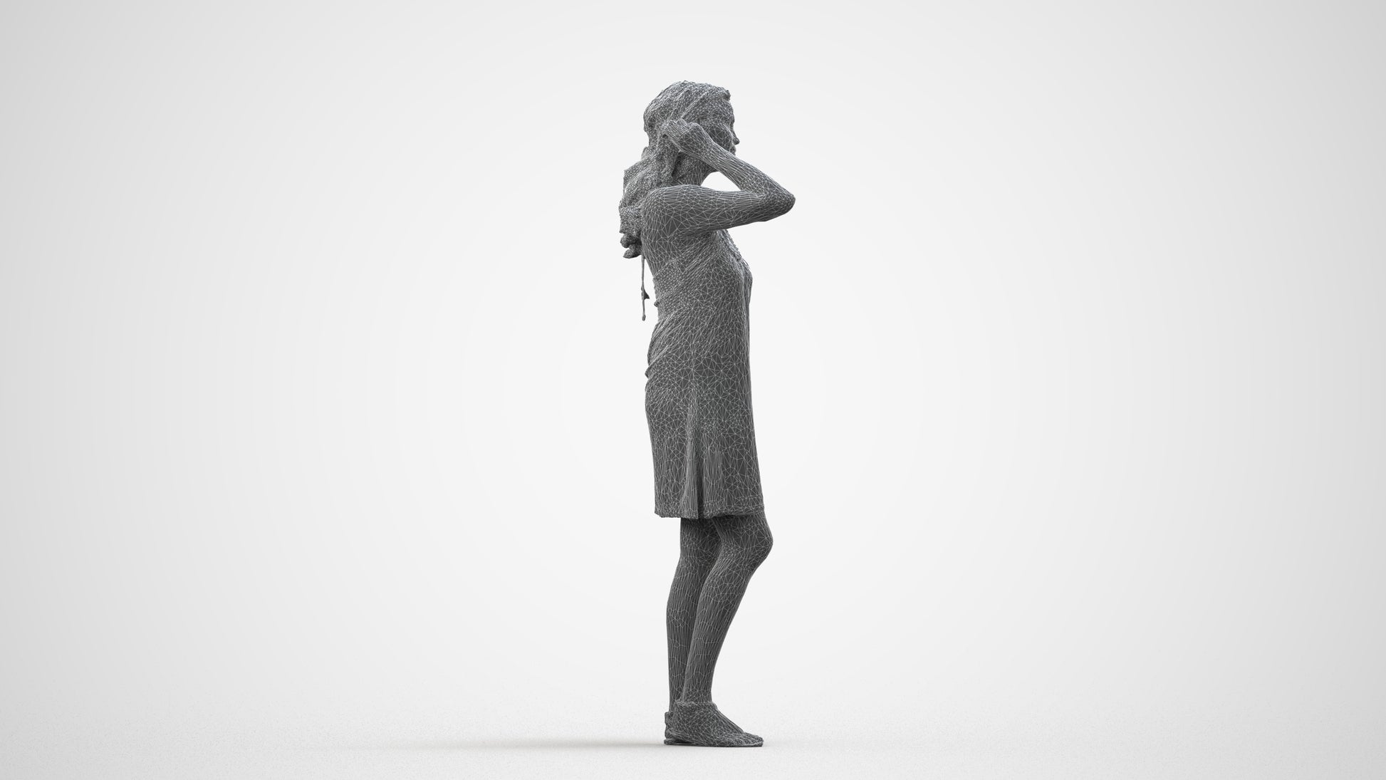 3D human model woman standing, photogrammetry scanned person for archviz, wireframe side view