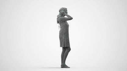 3D human model woman standing, photogrammetry scanned person for archviz, wireframe side view
