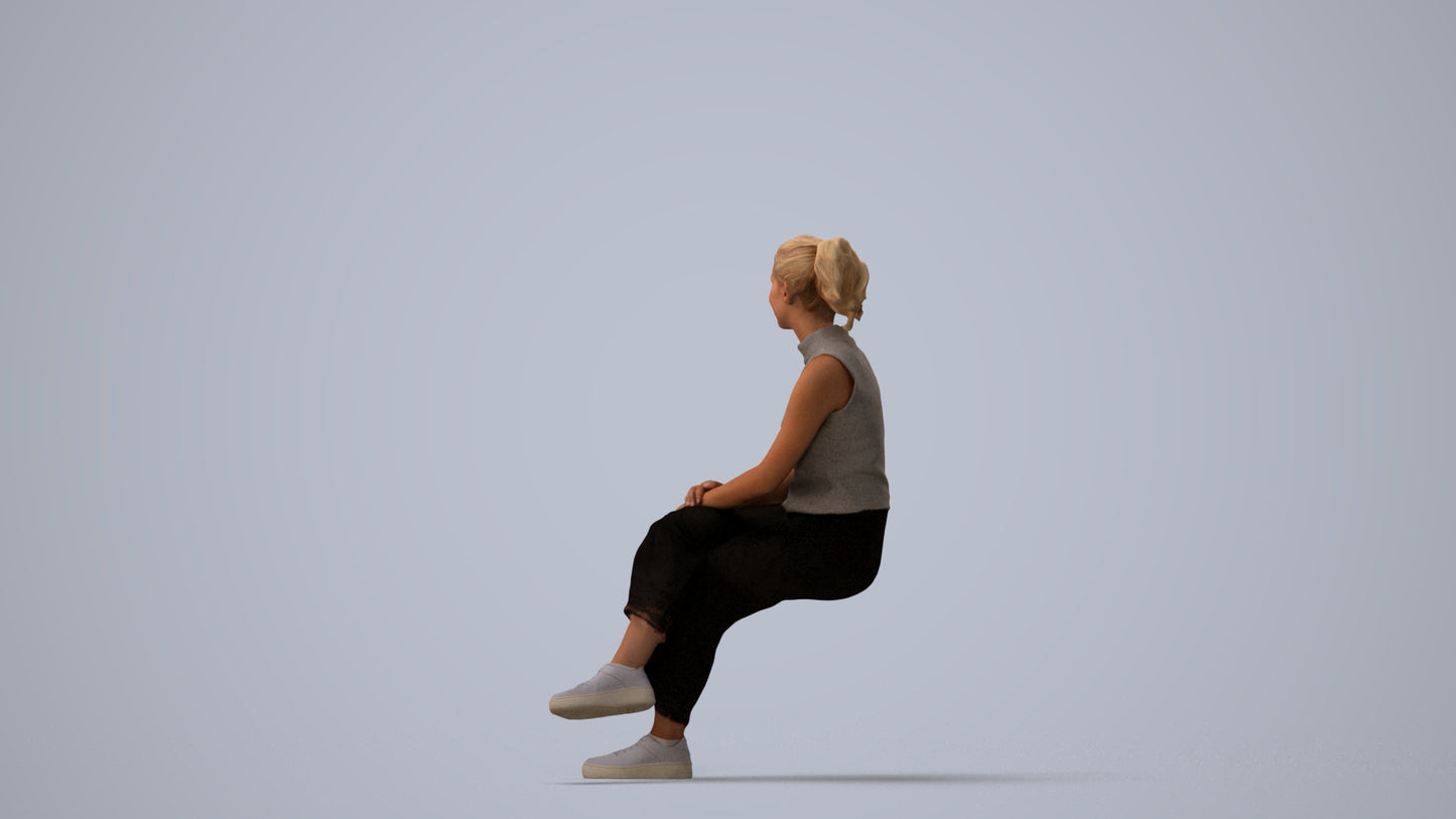 realistic 3D woman casual sitting, scanned archviz people for Blender and 3ds Max, three-quarter view render
