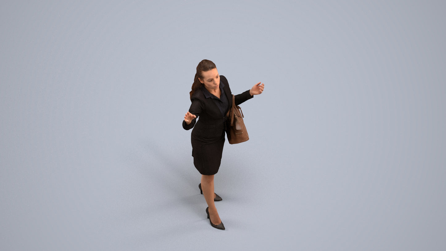 3D human model woman business standing, photogrammetry scanned person for archviz, back view render