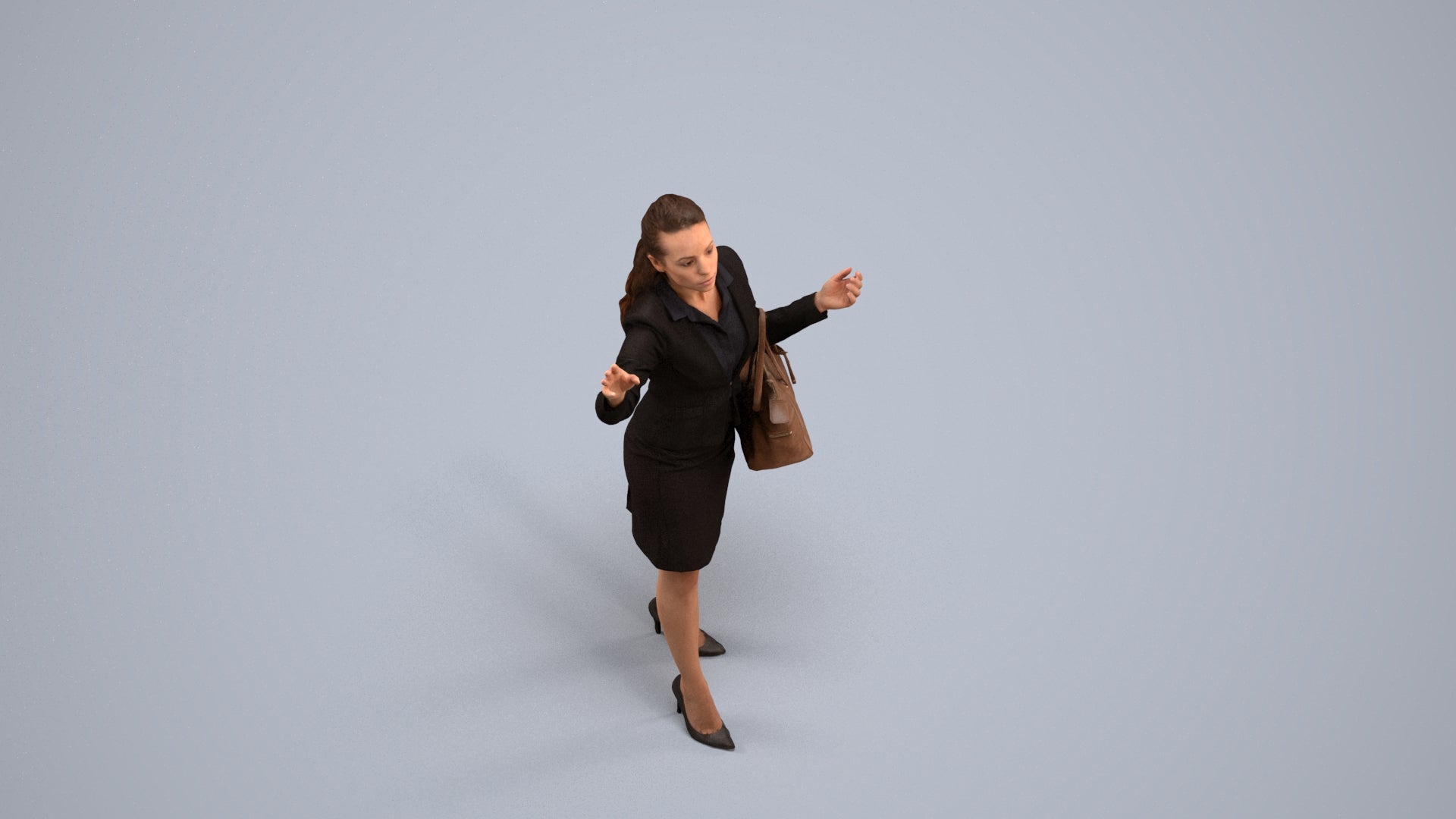 3D human model woman business standing, photogrammetry scanned person for archviz, back view render