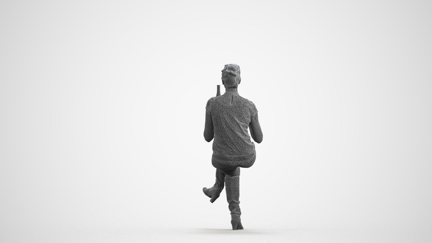3D human model woman casual sitting, photogrammetry scanned person for archviz, wireframe front view