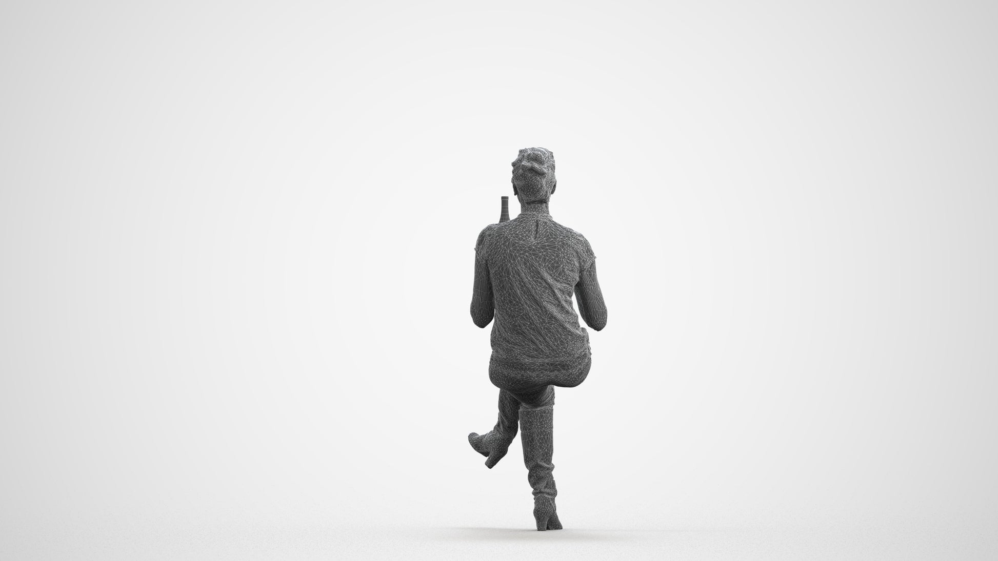 3D human model woman casual sitting, photogrammetry scanned person for archviz, wireframe front view
