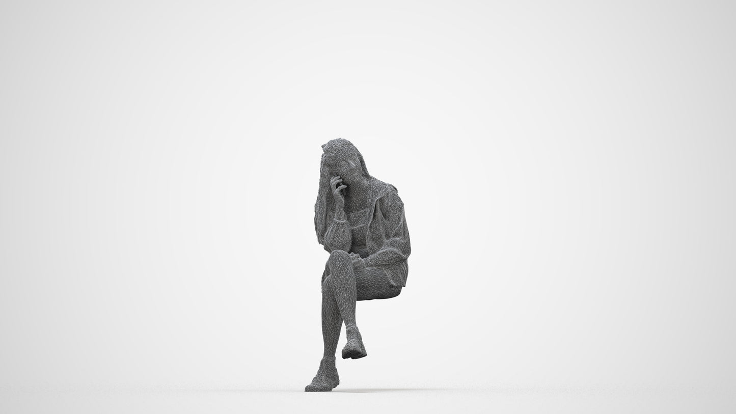 realistic 3D people woman casual sitting, render-ready for V-Ray and Corona, FBX OBJ, wireframe back view
