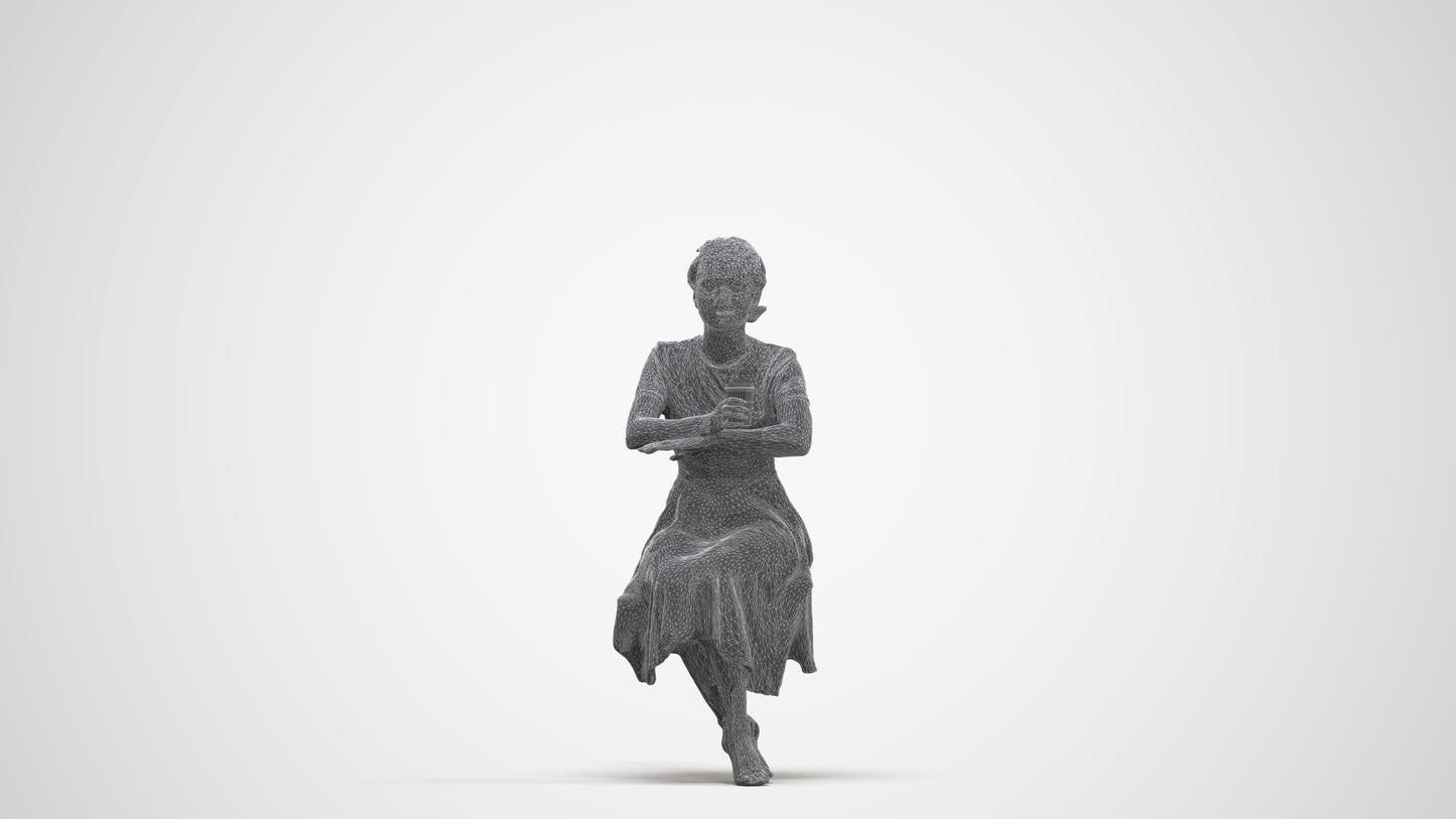 realistic 3D woman casual sitting, scanned archviz people for Blender and 3ds Max, three-quarter front view render
