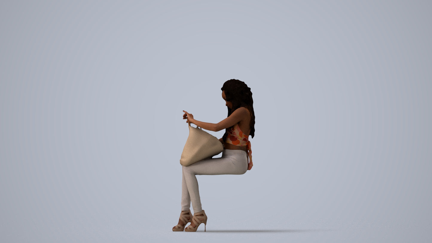 photogrammetry 3D woman casual sitting, realistic human model archviz FBX, three-quarter view render