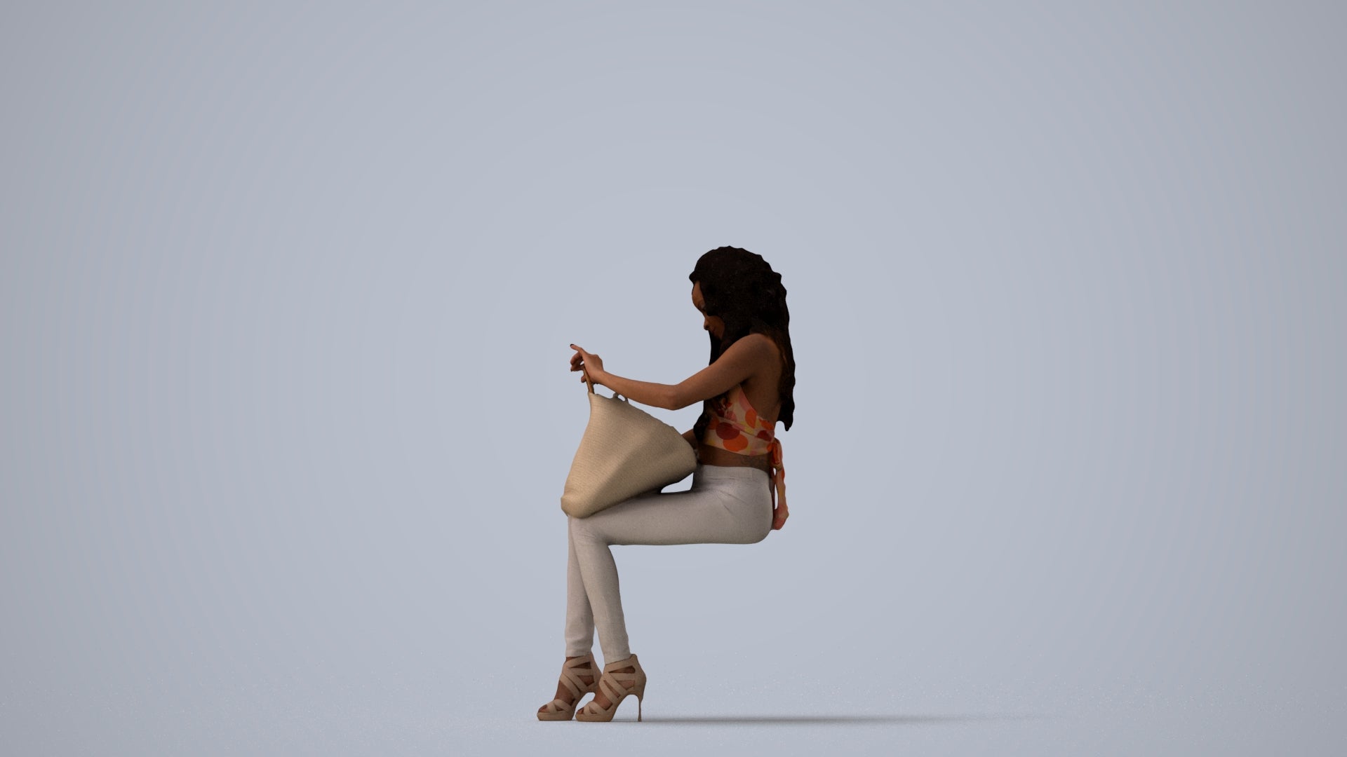 photogrammetry 3D woman casual sitting, realistic human model archviz FBX, three-quarter view render
