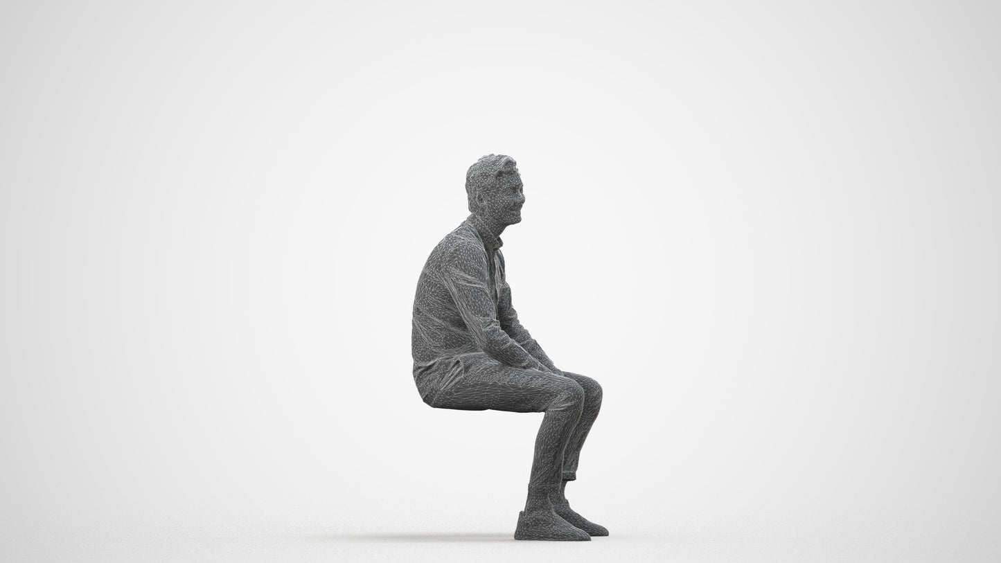 realistic 3D man casual sitting, scanned archviz people for Blender and 3ds Max, wireframe side view