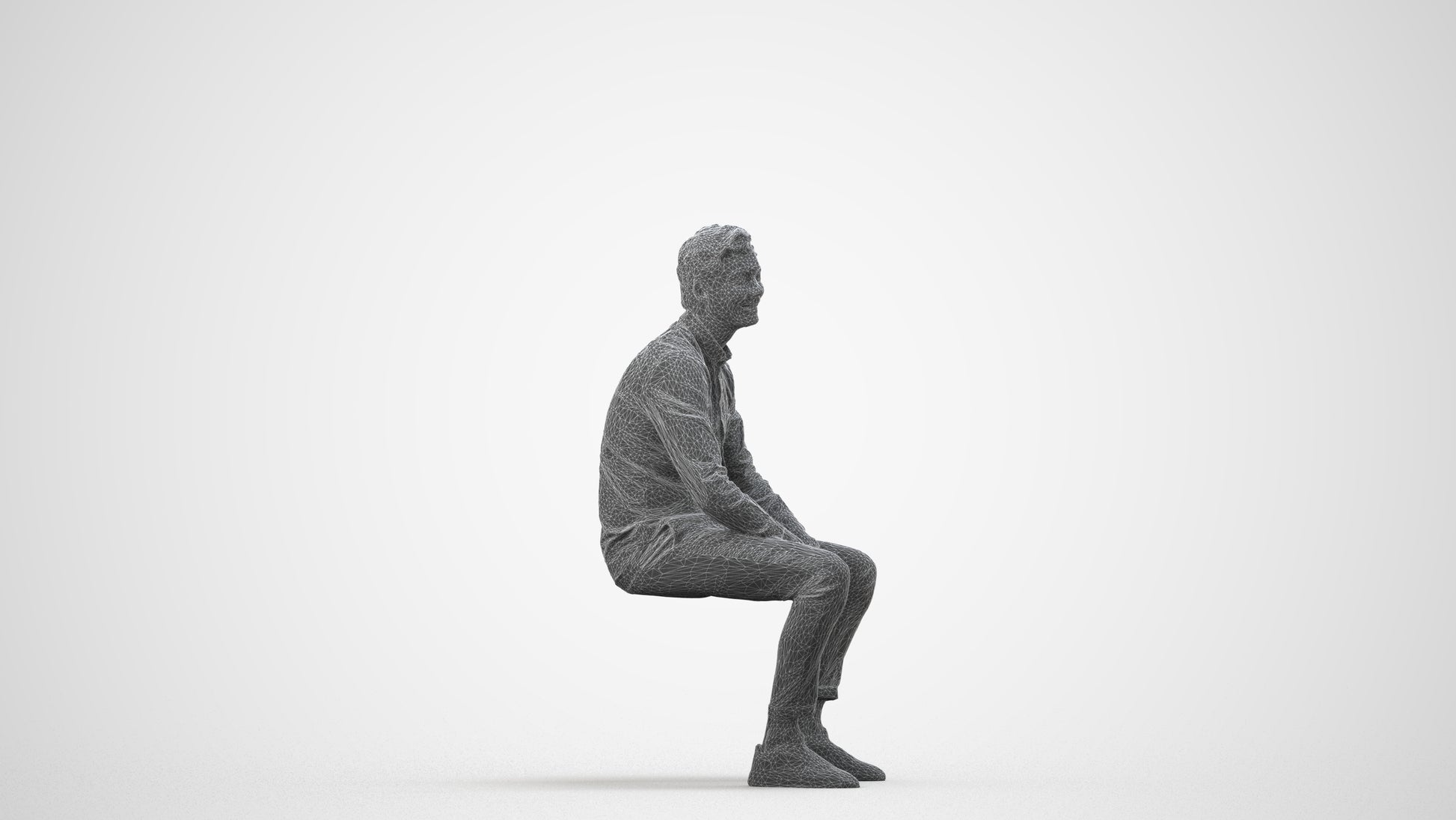 realistic 3D man casual sitting, scanned archviz people for Blender and 3ds Max, wireframe side view