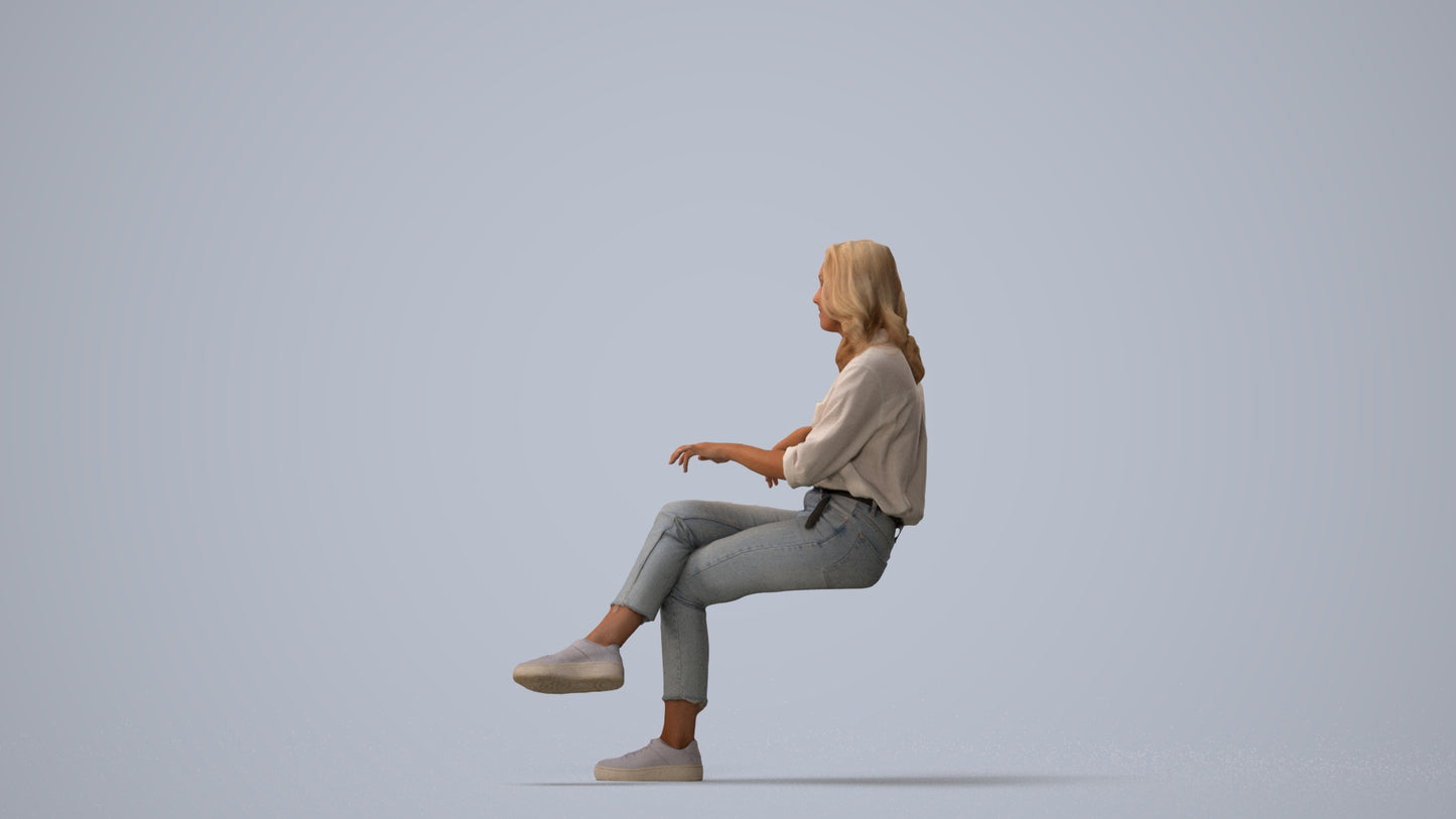 realistic 3D human woman casual sitting, archviz people FBX OBJ for Blender, three-quarter view render