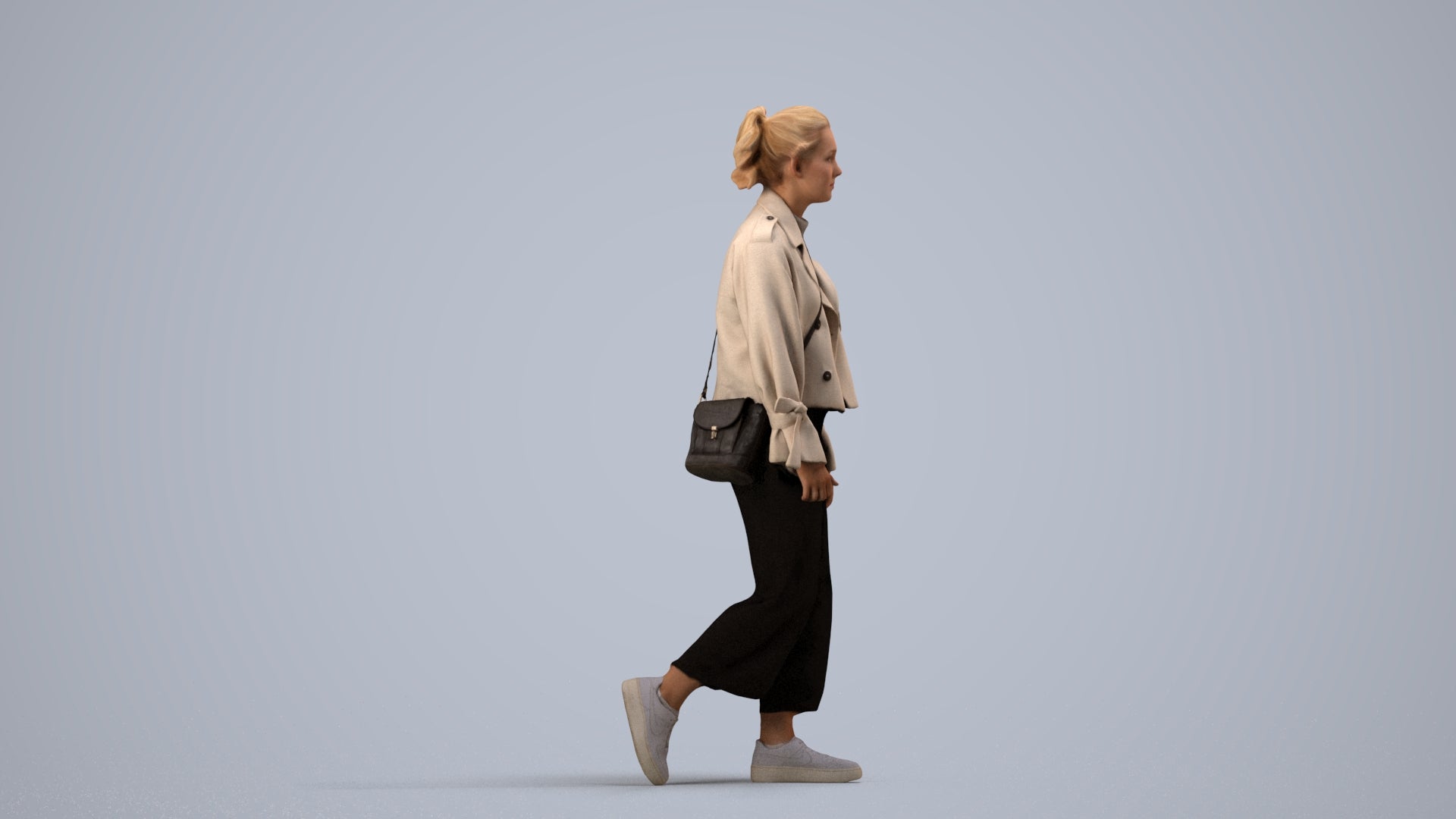 3D human model woman casual walking, photogrammetry scanned person for archviz, side view render