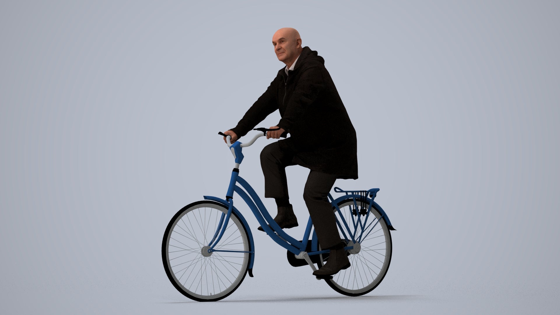 realistic 3D human senior man business cycling, archviz people FBX OBJ for Blender, three-quarter view render