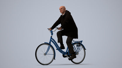realistic 3D human senior man business cycling, archviz people FBX OBJ for Blender, three-quarter view render