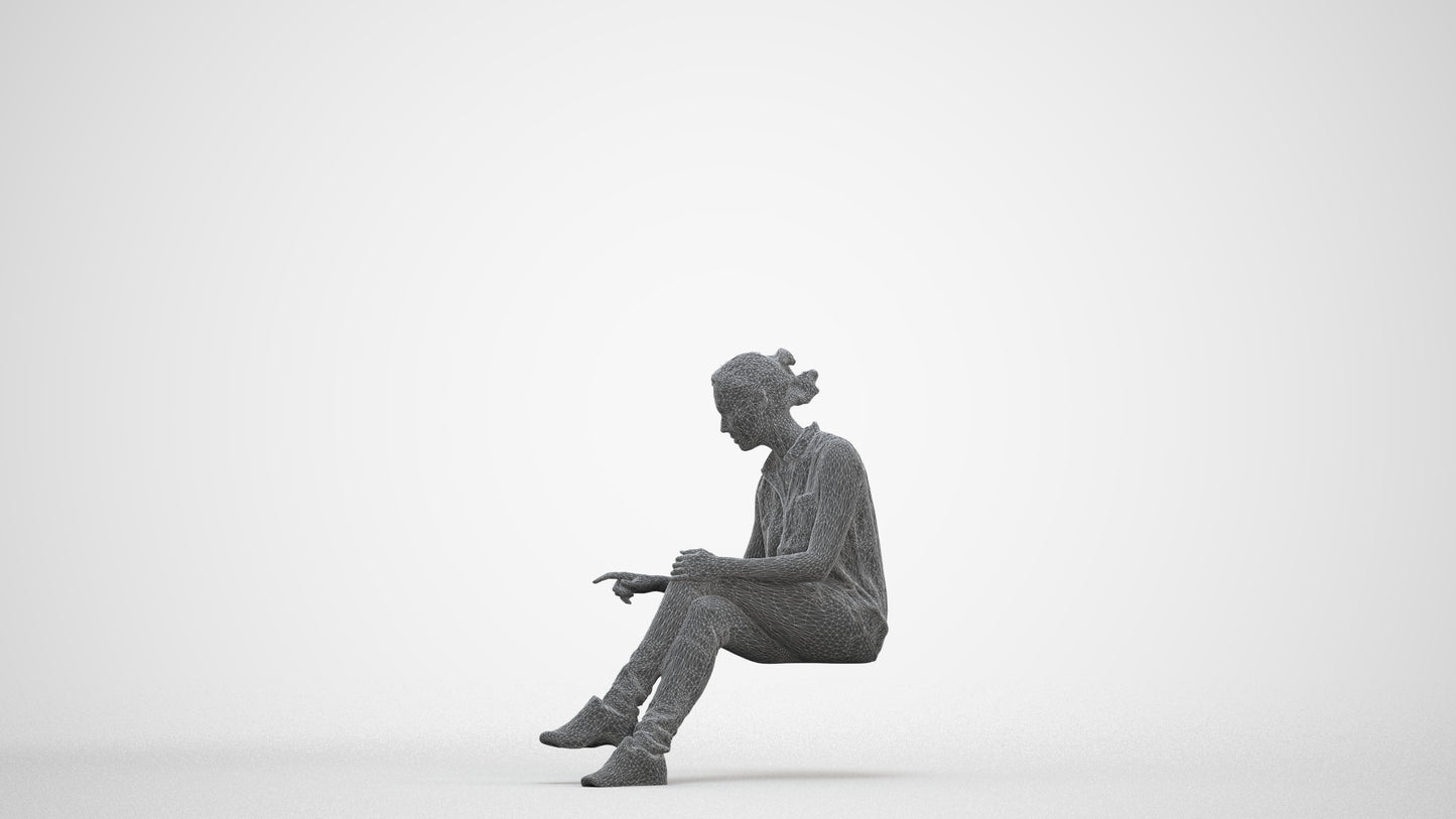 realistic 3D people woman casual sitting, render-ready for V-Ray and Corona, FBX OBJ, three-quarter front view render