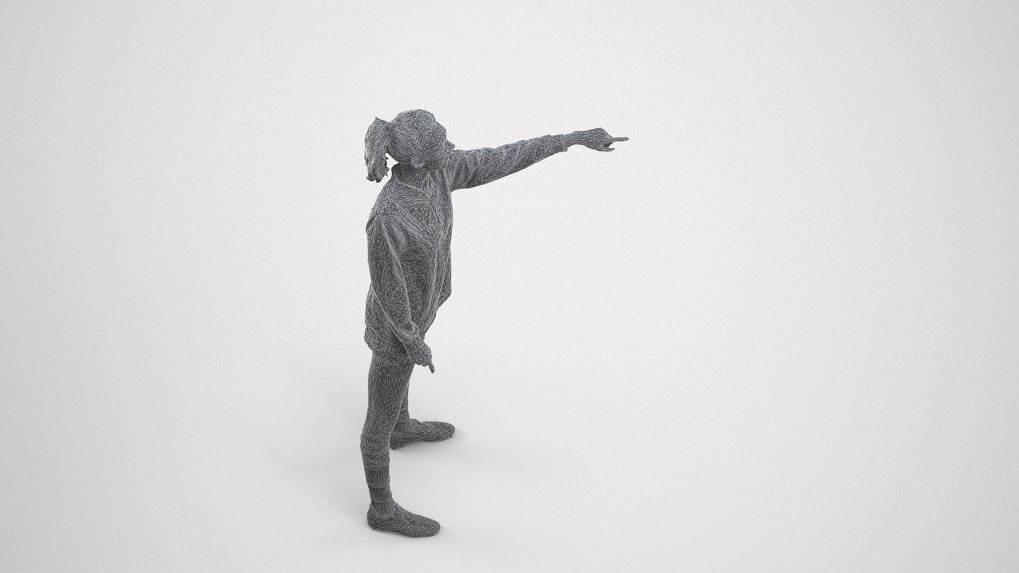 3D human model woman sport, photogrammetry scanned person for archviz, wireframe three-quarter view