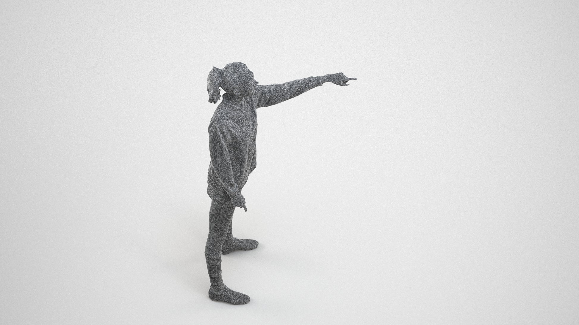 3D human model woman sport, photogrammetry scanned person for archviz, wireframe three-quarter view
