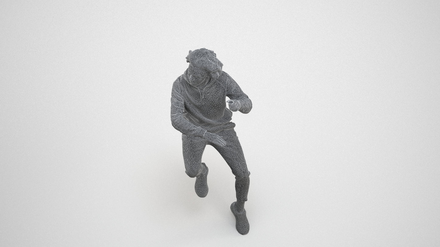 realistic 3D people man casual sitting, render-ready for V-Ray and Corona, FBX OBJ, wireframe three-quarter view