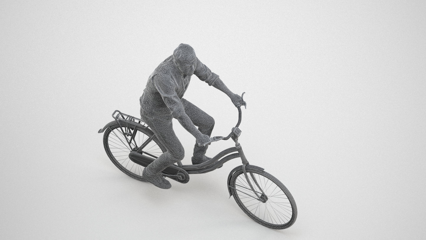 3D scanned man cycling casual, photorealistic archviz people for Enscape and SketchUp, wireframe three-quarter view