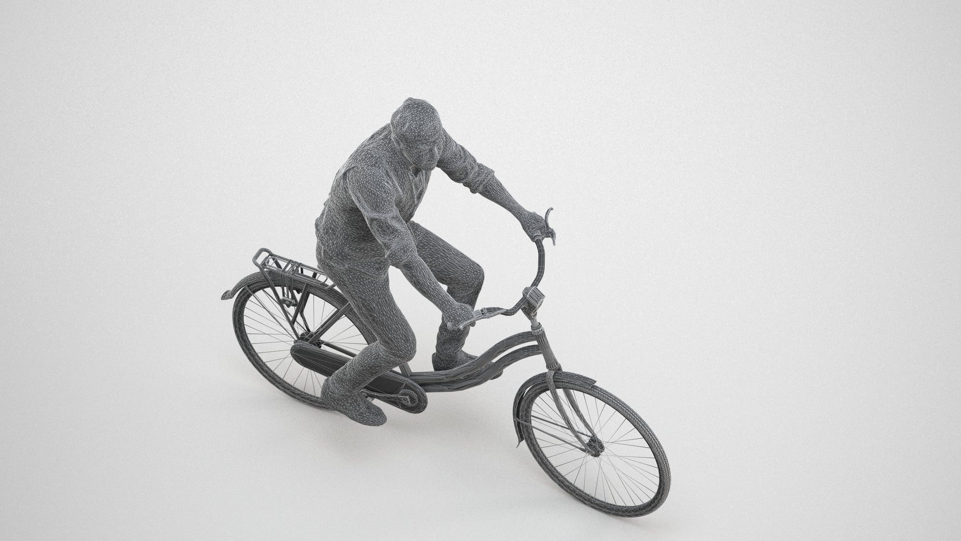 3D scanned man cycling casual, photorealistic archviz people for Enscape and SketchUp, wireframe three-quarter view
