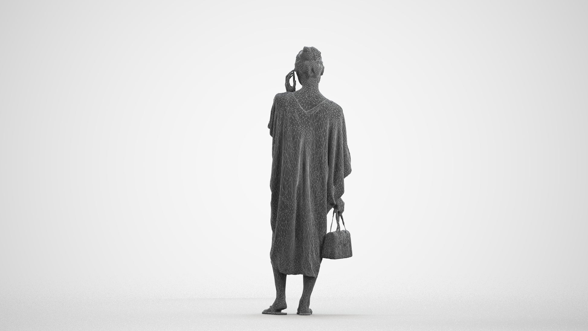 3D human model woman standing, photogrammetry scanned person for archviz, wireframe front view