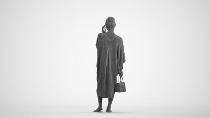3D human model woman standing, photogrammetry scanned person for archviz, wireframe front view
