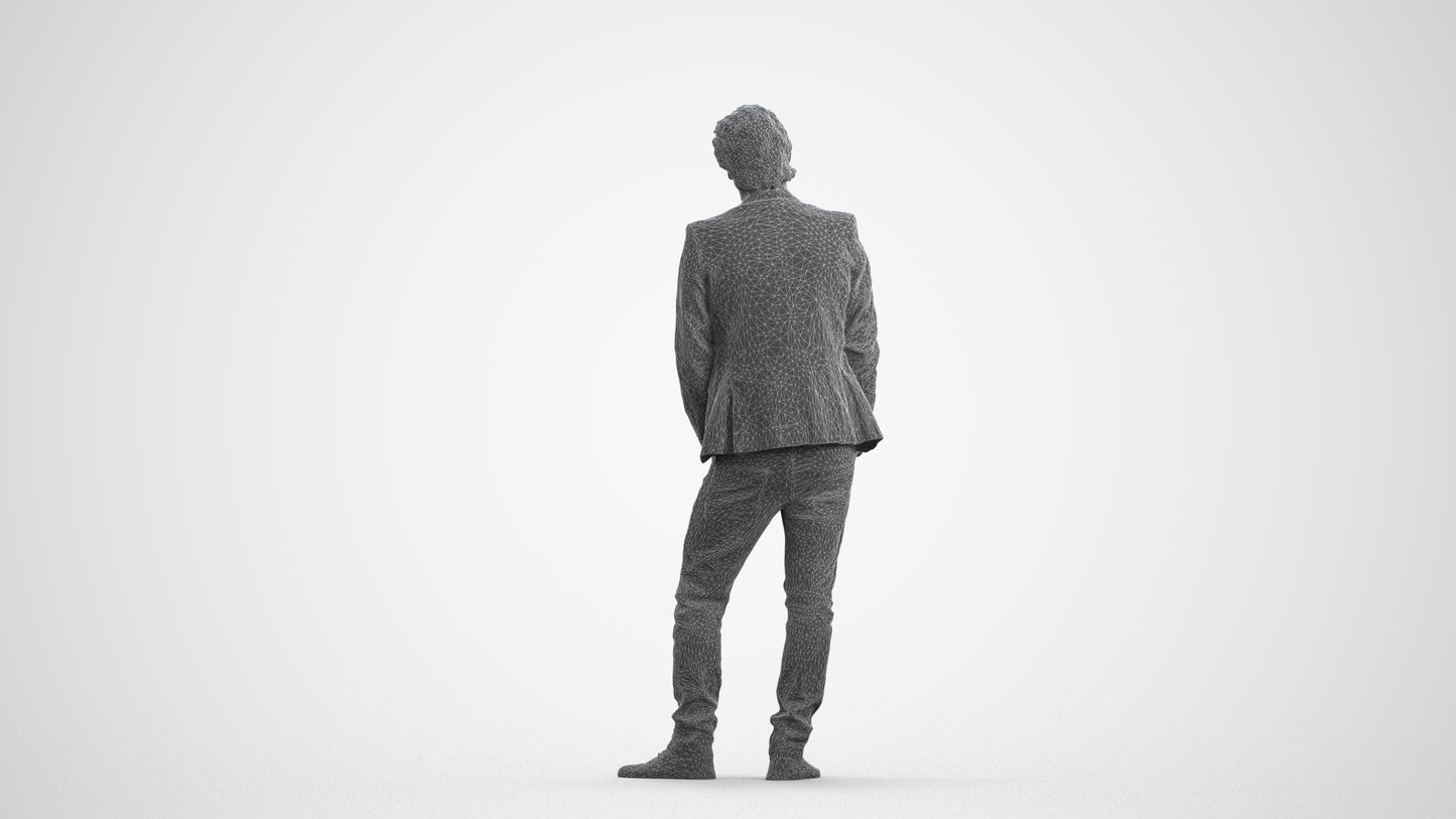 3D human model man business standing, photogrammetry scanned person for archviz, wireframe front view