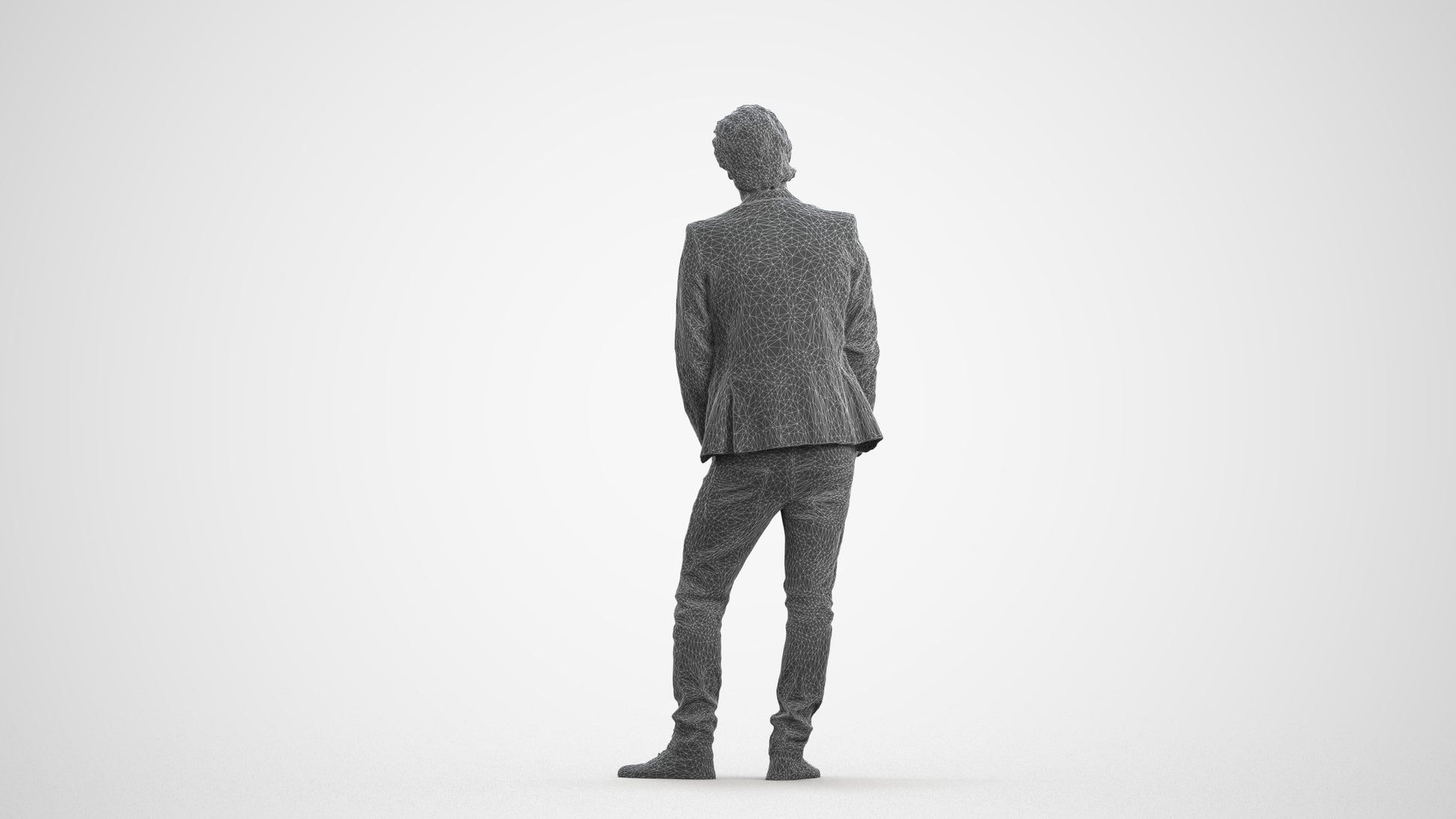3D human model man business standing, photogrammetry scanned person for archviz, wireframe front view