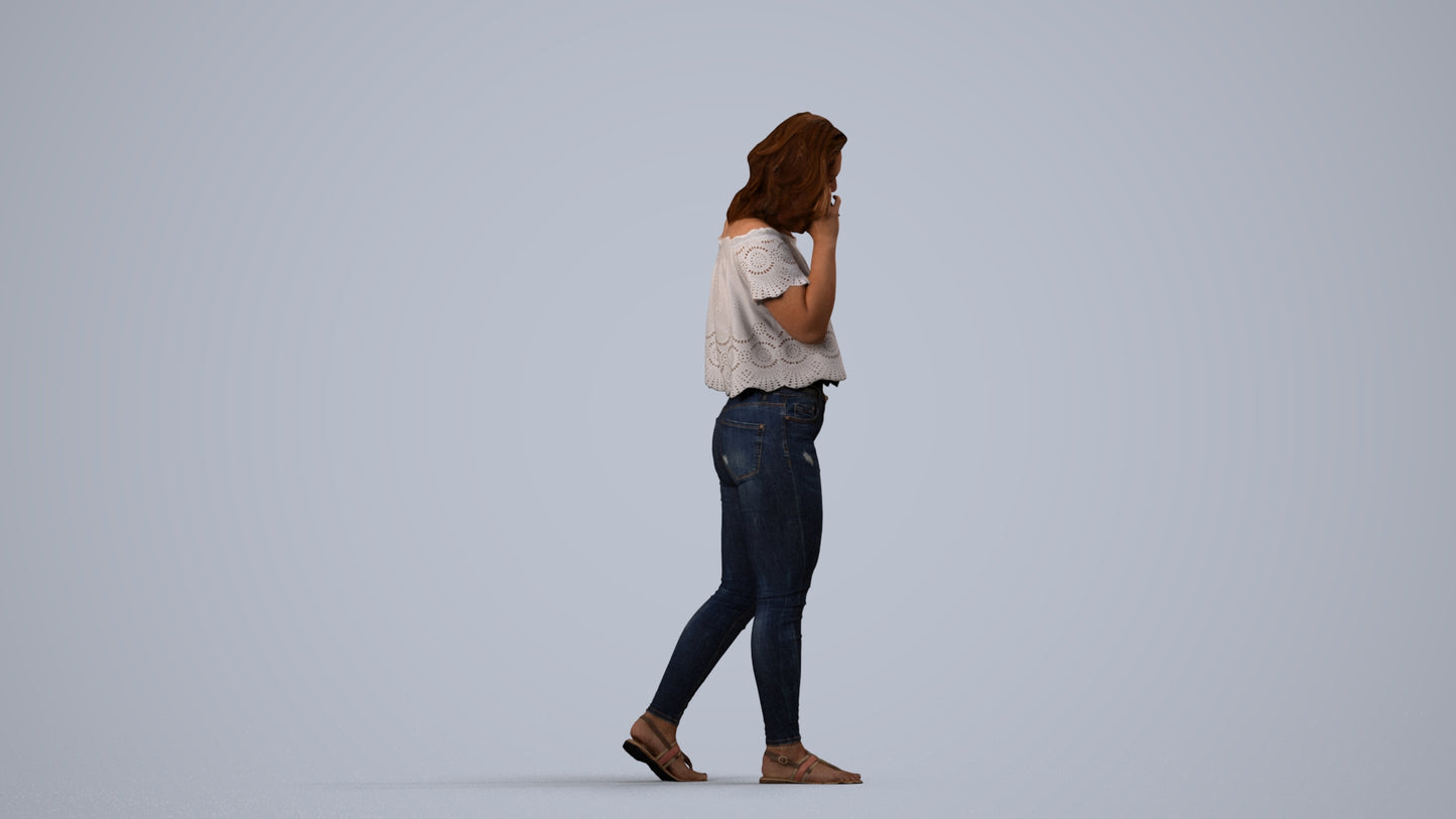 realistic 3D woman casual walking, scanned archviz people for Blender and 3ds Max, side view render
