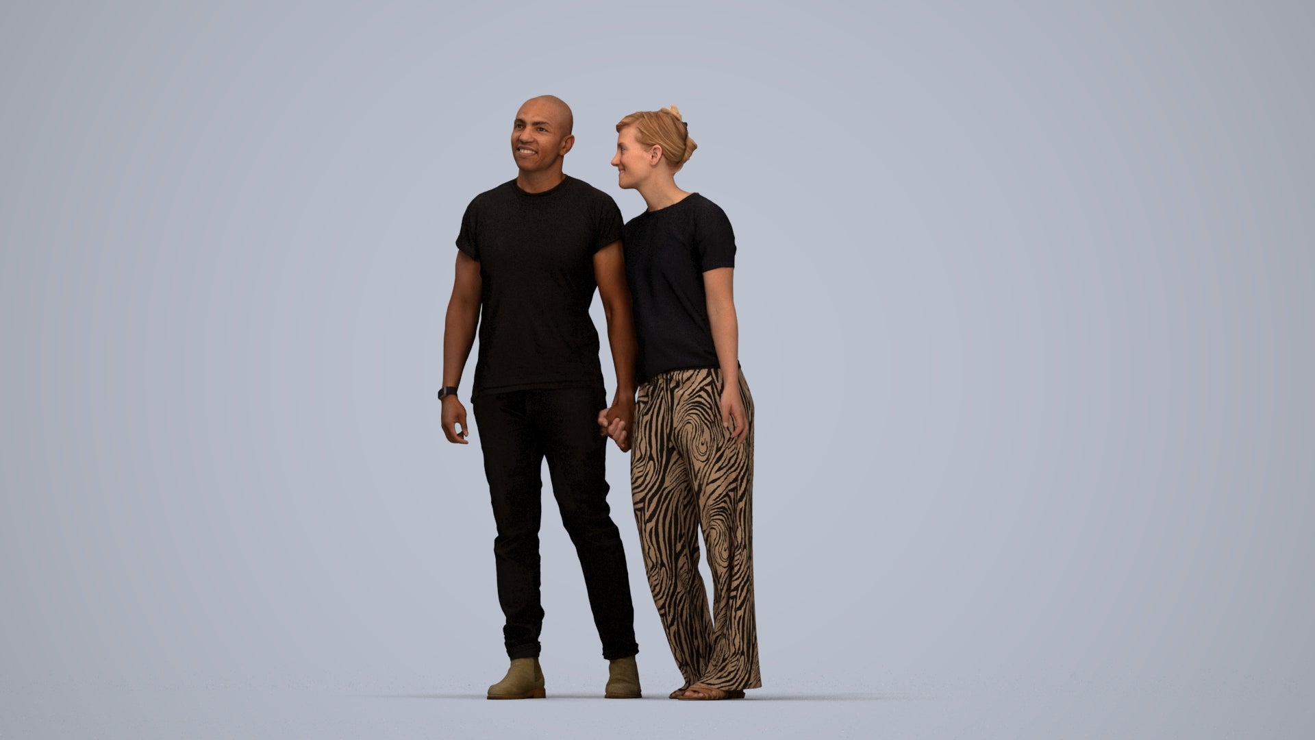 3D people model woman casual couple, scanned human for 3ds Max rendering, top-down view render