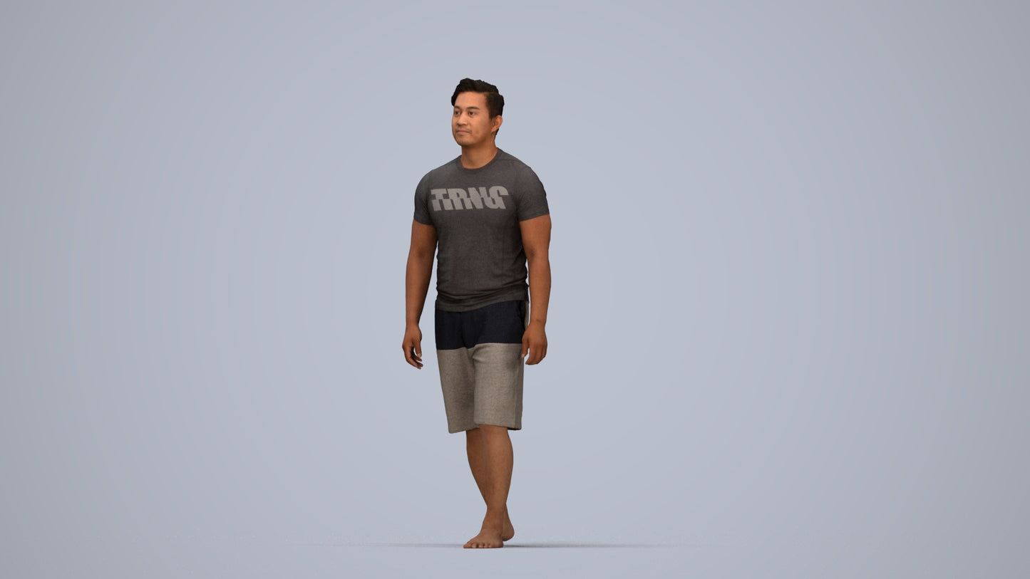 3D human model man sport walking, photogrammetry scanned person for archviz, top-down view render