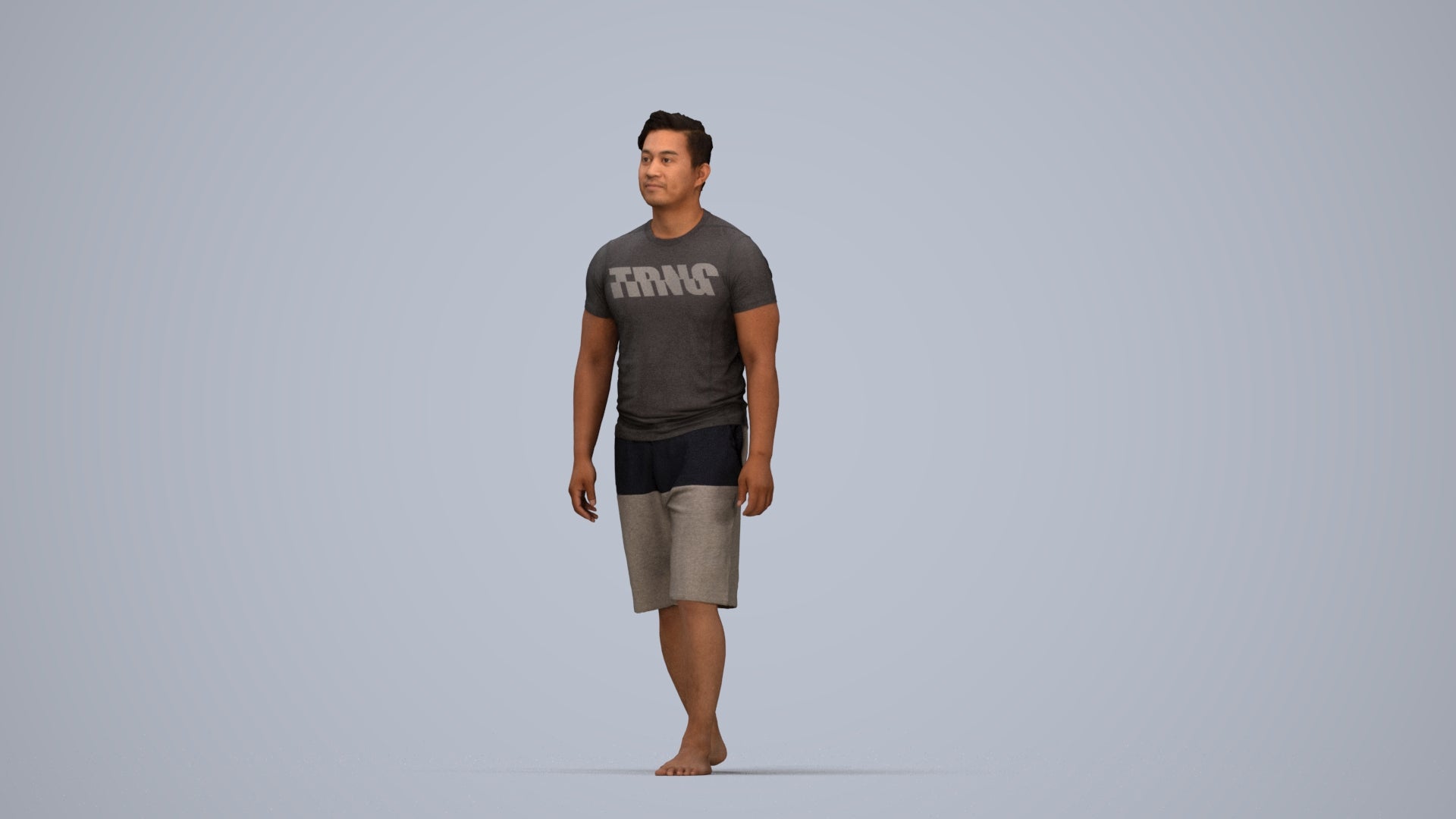 3D human model man sport walking, photogrammetry scanned person for archviz, top-down view render