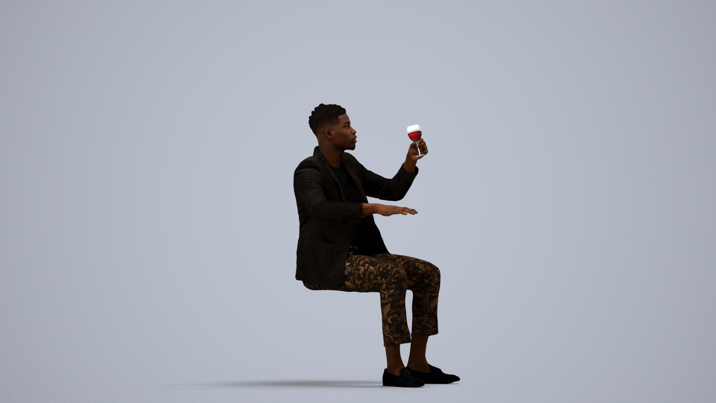 3D scanned man sitting formal, photorealistic archviz people for Enscape and SketchUp, side view render