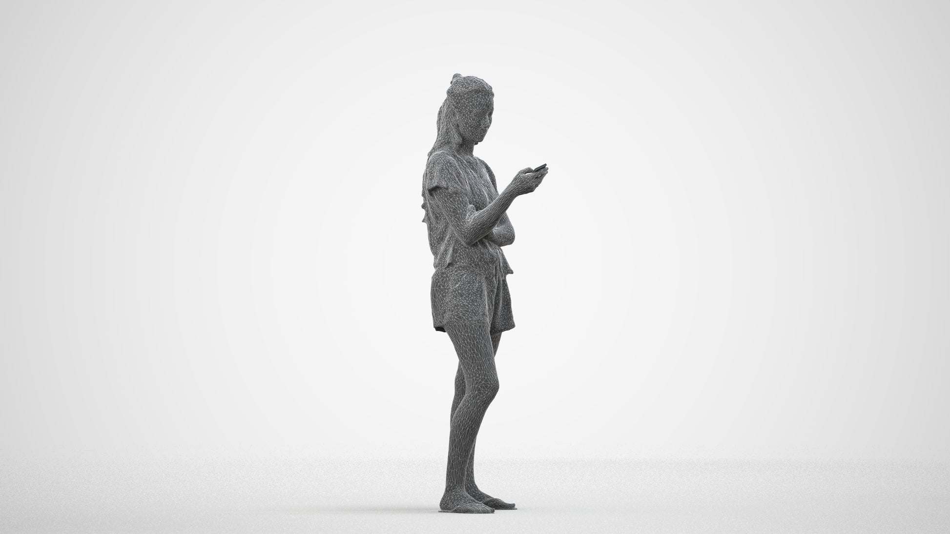 realistic 3D people woman casual standing, render-ready for V-Ray and Corona, FBX OBJ, wireframe side view