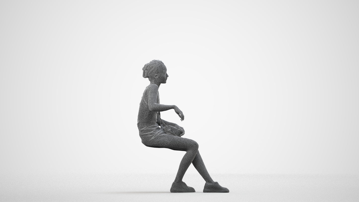 photogrammetry 3D woman casual sitting, realistic human model archviz FBX, wireframe side view