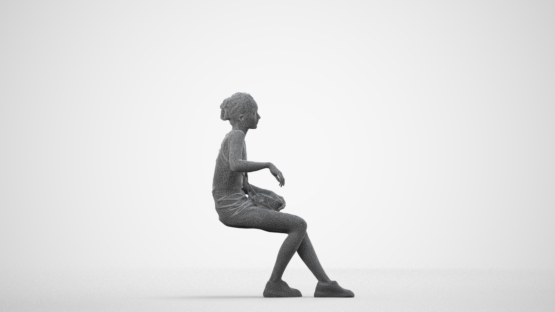 photogrammetry 3D woman casual sitting, realistic human model archviz FBX, wireframe side view