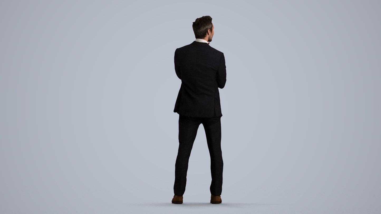 3D human model man formal business, photogrammetry scanned person for archviz, front view render