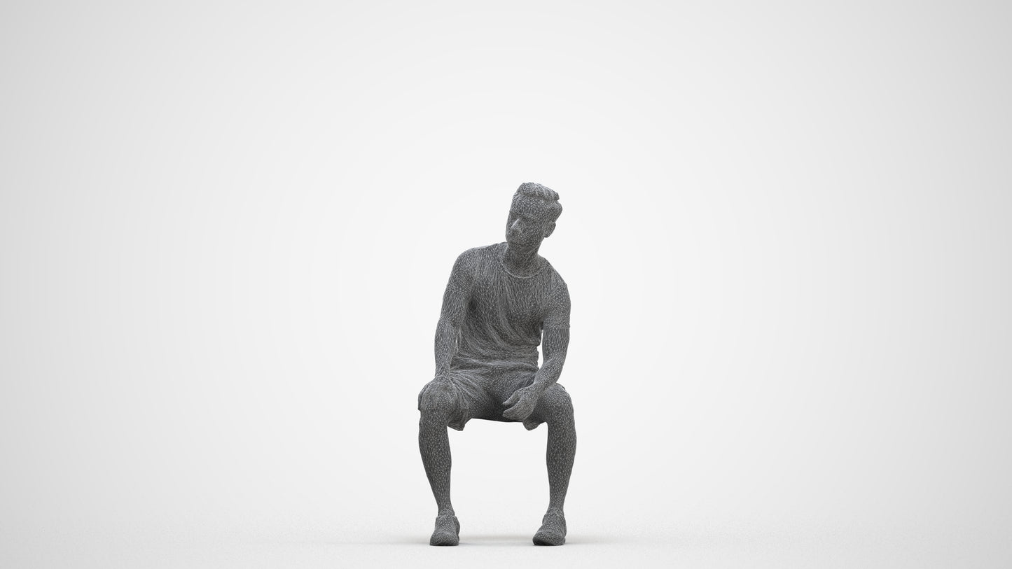 realistic 3D human man casual sitting, archviz people FBX OBJ for Blender, three-quarter front view render